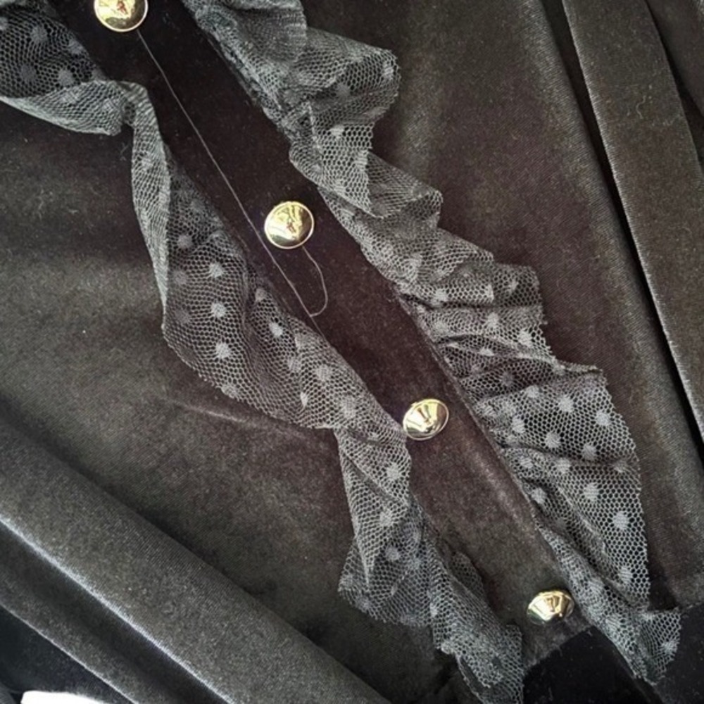 Vintage Black Velvet Lace Midi Dress High Neck Gold Button Victorian Goth M - Picture 2 of 11